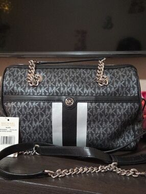 Michael Kors Black Blair and White Logo Stripe Satchel with Chain Strap